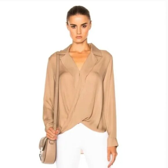 L’Agence Chantarelle Silk Chiffon Faux Wrap Blouse Neutral Tan M - Picture 1 of 15